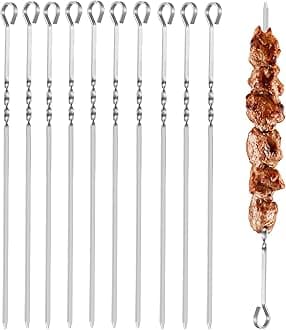 Kebab Skewers, 10PCS Stainless Steel BBQ Grilling Skewers Flat Reusable Metal Skewer Sticks 14.7inch for Barbecue, Camping Cooking, Shish Kabob, Party Essentials