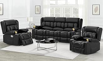 Recliner Sofa Set, Flip Middle Backrest Design PU Leather 3 Seater Reclining Sofa and 2PC Single Recliner Chair, Manual Couches for Living Room (Black, PU 3+1+1)