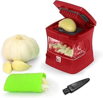 Garlic-A-Peel Garlic Press, Crusher, Cutter, Mincer, and Storage Container - Includes Silicone Garlic Peeler - Easy to Clean - Stainless Steel Blades – (Red), standard