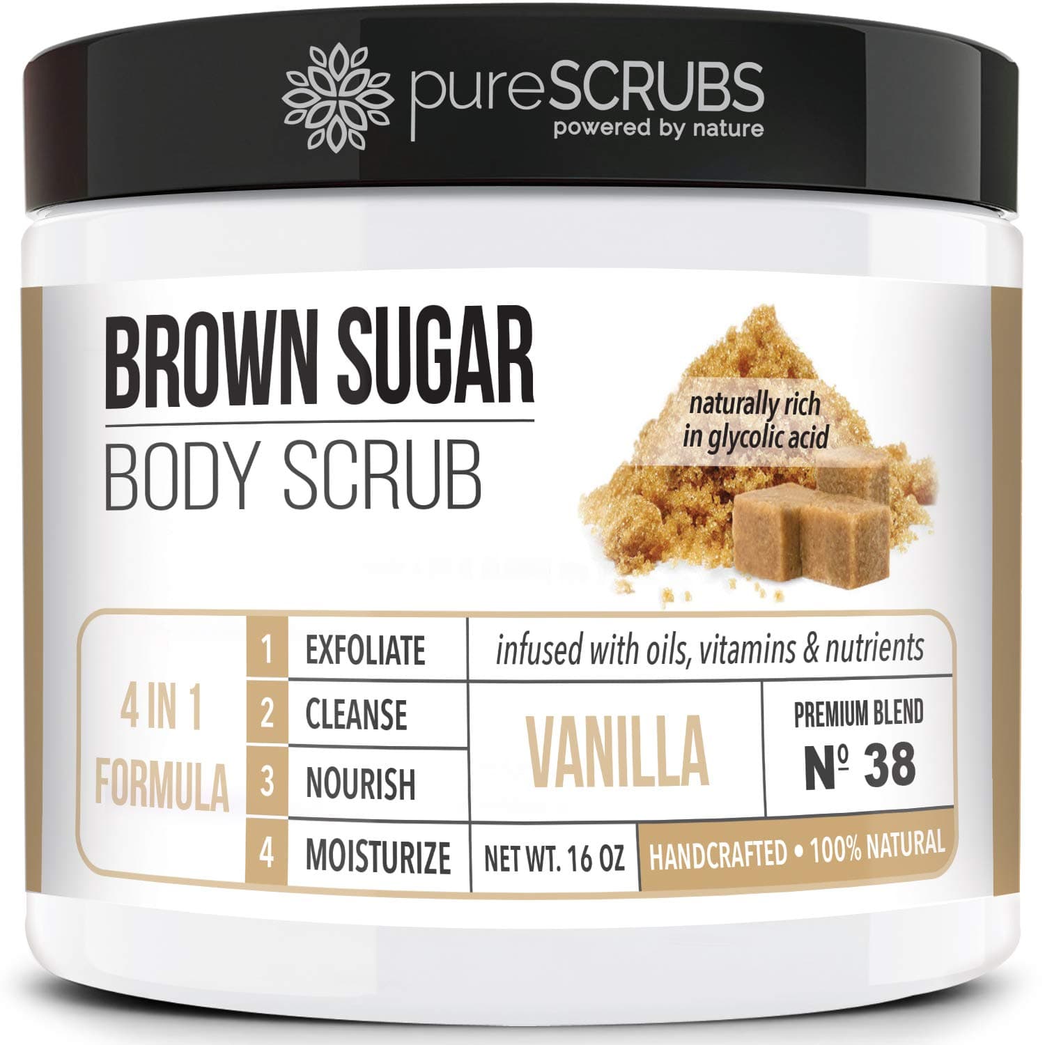 pureSCRUBS Premium Vanilla Brown Sugar Scrub | Face, Feet & Full Body Scrub | Large 16oz Jar Includes Wooden Spoon, Loofah & Mini Exfoliating Bar Soap
