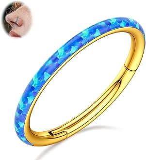 BodyBonita Hinged Opal Nose Rings Hoops - 16G/18G/20G 316L Surgical Steel Hinged Hoop Nose Rings Septum Rings Conch Helix Daith Piercing Jewelry Purple/Pink/Blue/White 10mm/8mm Silver/Gold Plated