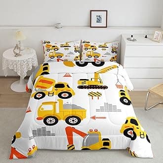 Feelyou Cartoon Car Comforter Set Kids Construction Comforter for Boys Equipment Trucks Bedding Set Breathable Cartoon Yellow Car Excavator Tractor Duvet Set Room Decor Quilt Set King Size