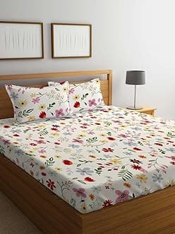 LOOMLYFE Cotton Feel Glace Cotton Elastic Fitted Printed King Size Double Bed Bedsheet with 2 Pillow Covers Fits Upto 12 inches Mattress,Size- 72x78x12 Inches,RedPink