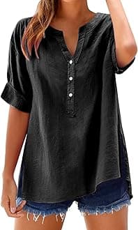 Linen Tops for Women Summer Work Shirts Trendy Button Down Plus Size V Neck Boho Clothes Spring Tops for Women 2025