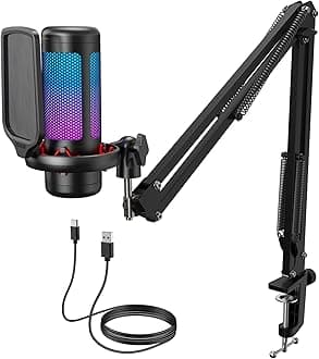 Vocal Condenser Microphone Set with Boom Arm, Recording Equipment for PC with Stand, Controllable Brightness, Quick Mute, Volume Control, USB Mic for YouTube, Twitch, Streaming, TC310+