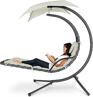 Best Choice Products Outdoor Hanging Curved Steel Chaise Lounge Chair Swing w/Built-in Pillow and Removable Canopy - Ivory