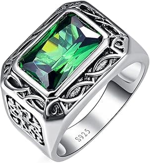 BonlavieMen's Ring 925 Sterling Silver Emerald Cut Green Emerald Rings 6.85ct 8 * 12mm, Size L 1/2 to Z +2.5