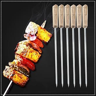 - 4mm Square & Strong Tandoor Metal Sticks 14.5 inches || Coated Barbecue Skewers || Metal Sticks for Grill || BBQ Seekh with Wooden Handle || (Pack of 6)