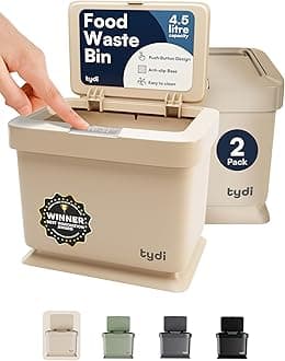 Tydi 4.5L Food Waste Bin with Press-Button Lid (2 Pack) – Compost Bins for Kitchen - Anti-Slip Base and Secure Lid Kitchen Compost – Small Indoor Caddy for Cupboard or Countertop – Taupe