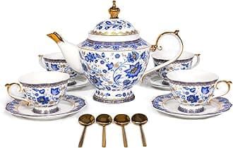 ACMLIFE Bone China Tea Set for Adults, Blue and White Tea Set for 4, Porcelain Vintage Floral China Tea Sets for Women Gift with Teapot (Blue and White)