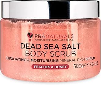 Dead Sea Salt Body Scrub 500G – Hydrating & Moisturising, Natural Oils & Minerals, Exfoliating, Softening & Nourishing, All Skin Types, No Parabens, Vegan & Cruelty Free (Peaches & Honey)
