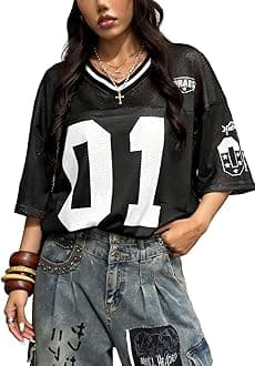 SOLY HUX Jersey Shirts for Women Y2k Graphic Number Oversized Tees V Neck Half Sleeve Cute Soccer Streetwear T Shirt Tops