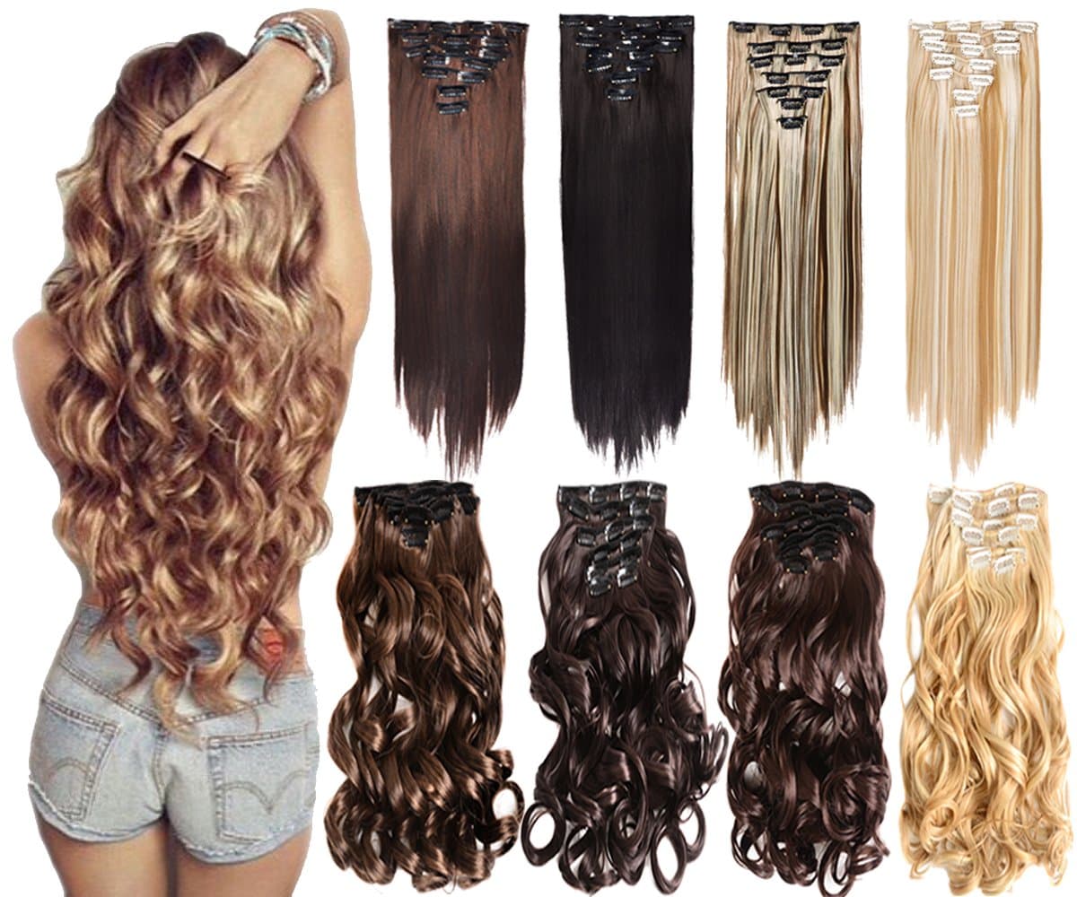 7Pcs 16 Clips 20-24 Inch Thick Double Weft Full Head Clip in Hair Extensions Curly Straight Wavy Hairpiece 8 colors (24" Straight, 6H613 Ginger Brown Mix Light Blonde)