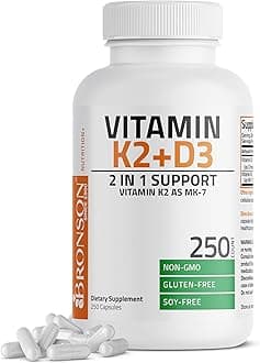 Bronson Vitamin K2 (MK7) with D3 Supplement Non-GMO Formula 5000 IU Vitamin D3 & 90 mcg K2 MK-7 Easy to Swallow D & K Complex, 250 Capsules