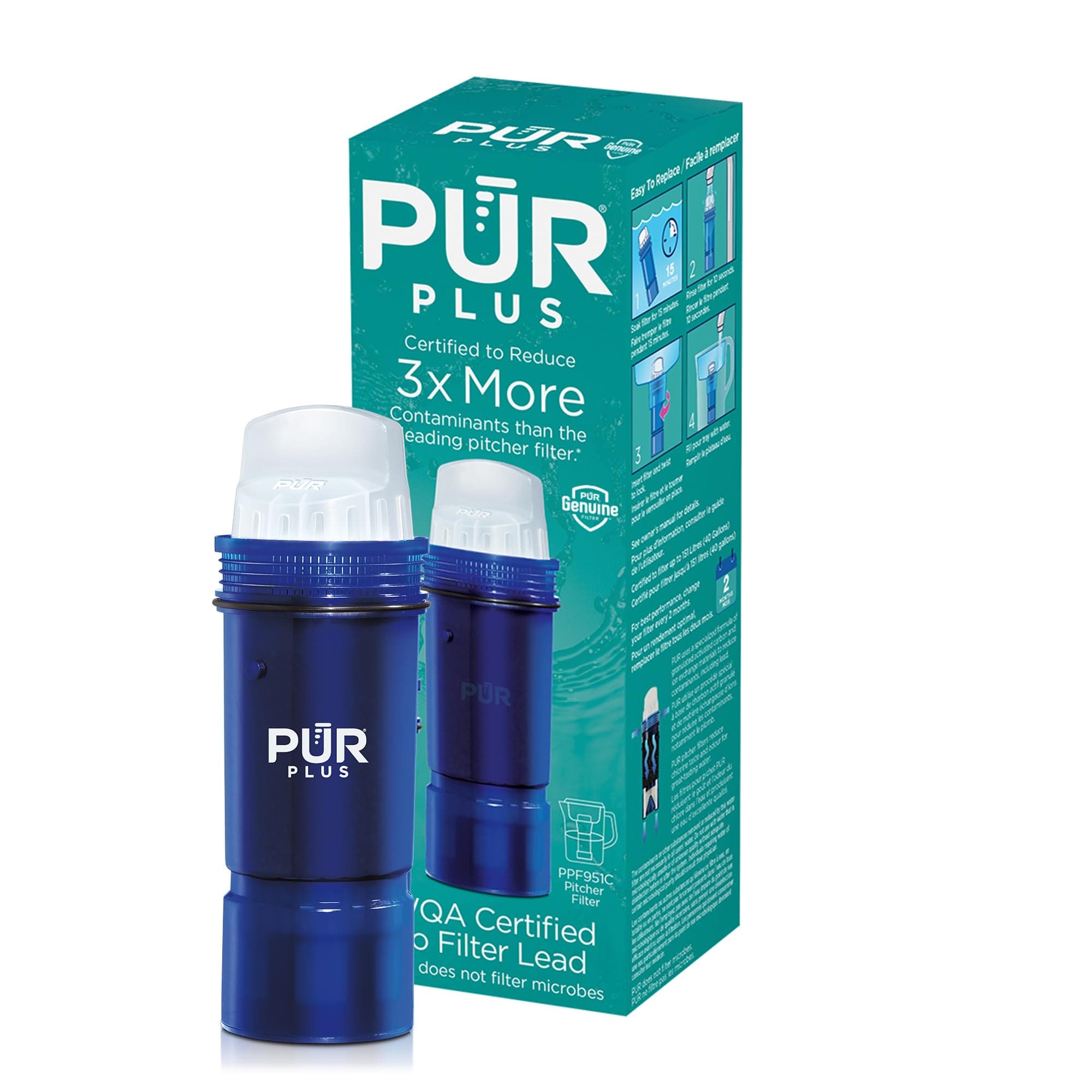 PUR Plus Lead Reducing Water Pitcher and Dispenser Replacement Filter, 1-Pack, NSF & WQA Certified - Compatible with All PUR Pitchers and Dispensers, Blue, PPF951K1
