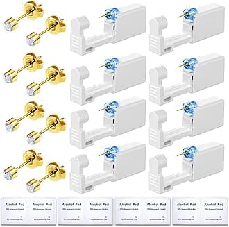 Get the Perfect Ear Piercing with 24 Pcs Premium Ear Piercing Kit - Includes 8 Rainbow CZ Diamond Earrings and 8 Easy-to-Use Self Ear Piercing Gun - Safe and Painless
