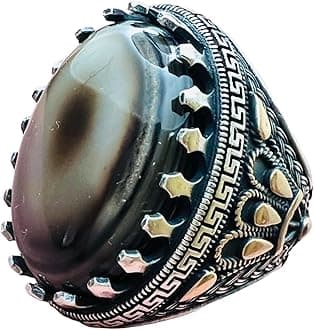 Natural Large Yemen Sulaimani Devil Eye Yemeni Agate Yemen Aqeeq for Ring Natural Yemen Agate Stone 925 Sterling Silver Men's Ring عقیق یمانی (12.5)