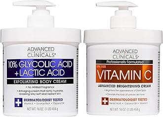 Advanced Clinicals Brightening Vitamin C Body Cream + AHA Exfoliating 10% Glycolic Acid & Lactic Acid Lotion 2PC Skincare Set For Women & Men To Reduce Appearance Of Dark Spots & Uneven Skin Tone