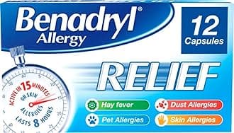 Allergy Relief Capsules (1 x 12 Capsules), Antihistamine Tablets with Acrivastine, Allergy Relief from Hay Fever Symptoms, Suitable for Pet, Dust, and Skin Allergies