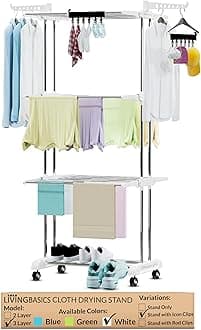 - LIVINGBASICS 2 Icon Clips with 3 Layer Clothes Stand for Drying/Cloth Drying Stand for Balcony/Stainless Steel Dryer Rack (Snow White, 64 x 174 x 74 cm)