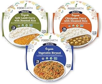Food Earth Ready to Eat Indian Cuisine Bundle – Split Lentil Curry, Chickpeas Curry with Steamed Rice & Vegetable Biryani – Organic, Vegan, Gluten-Free, GMO-Free, Plant-Based – Pack of 3
