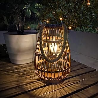 Solar Lantern Outdoor Waterproof Large Rattan Lanterns Decorative Bright Boho Lanterns Lights with Handle Rustic Hanging or Table Lamp for Fence Porch Garden Yard Wedding Decoration