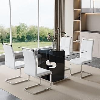 Glass Dining Table Set for 4,5 Piece Dining Table Set, Tempered Glass Table Top and Modern Design MDF Base with 4 PU Leather Ergonomic Dining Chairs