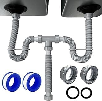 VIVIDA Double Sink Drain Pipe Kit, 1-1/2" Flexible Drain Pipe, 11"-31.5" Expandable Flexible P Trap for Double Kitchen Sink, 1-1/4" Adapter Included, Gray, 1 PACK