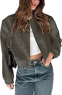 Womens Cropped Bomber Jacket Button Down Varsity Jackets Shackets with Pockets
