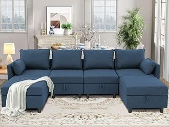 SEJOV Modular Sectional Sofa with Storage, Convertible 6 Seat Sectional Couches for Living Room, U Shaped Sectional Sofa with Chaise, Linen Fabric Sectional Sofa with 4 Seats 2 Ottomans, Blue