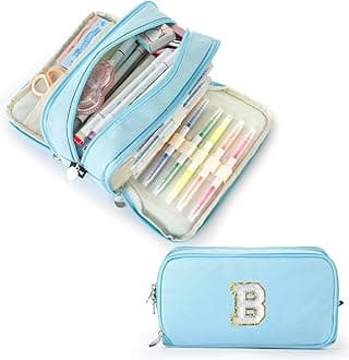 Extra Large Capacity Pencil Case 3 Compartment Initial Pencil Pouch Personalized Cute Aesthetic Stationery Pen Case Bag for School Teen Girl Boy Men Women Gift (B, Blue)