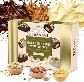 - 7 BAZAARI™ Premium Choco & Nut Dates - Gluten Free, Natural Ingredients - Assorted Almond Dark Chocolate, Cashew Milk Chocolate- 6pcs (Pack of 1)