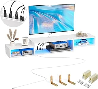 FABATO 59'' Floating TV Stand with LED Light Power Outlet, Floating Shelf for Under TV Wall Mount with Storage Shelf, Media Console Entertainment Center for Living Room, White