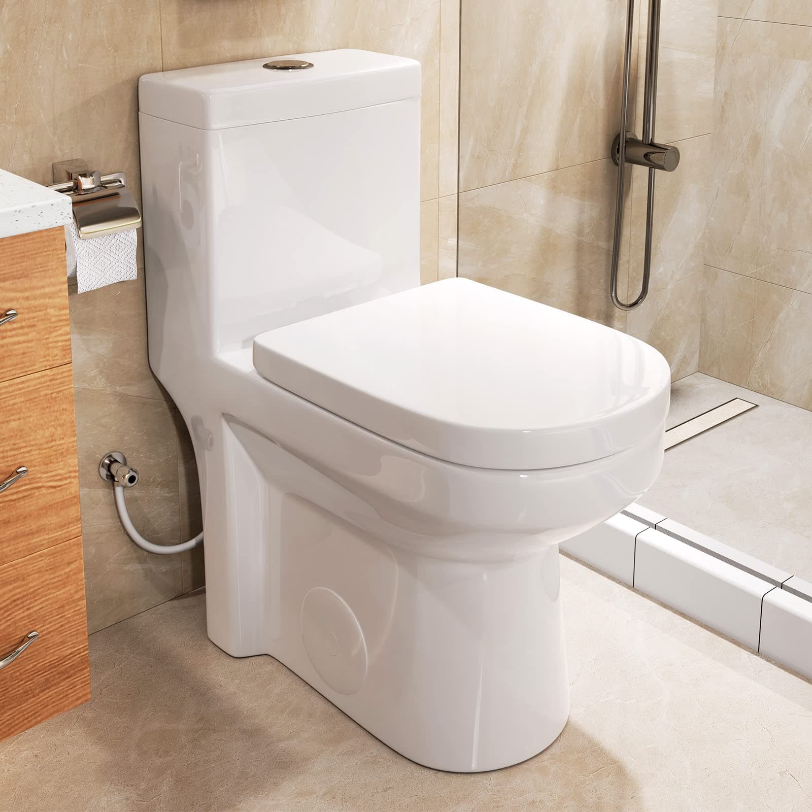 HWMT-8733 Small Compact One Piece Toilet For Bathroom, Powerful & Quiet Dual Flush Modern Toilet, 12'' Rough-In Toilet & Soft Closing Seat Include, 25"D x 13.4"W x 28.4"H, White