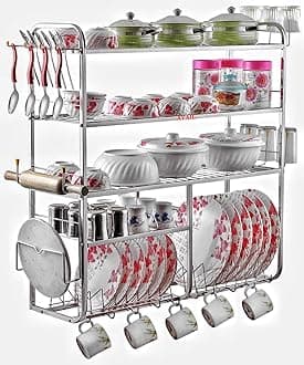 AVAIL Stainless Steel 5 Shelf Wall Mount Kitchen Racks | Dish Rack with Cutlery and Plate Kitchen Stand | Modular Kitchen Bartan Stand (31X30 Inches)