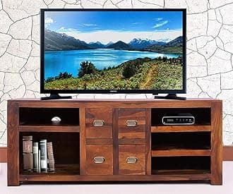 Wood World Standard tv Stand Cabinet Entertainment Unit for Living Room tv Tables with 4 Drawers Set top Box Stand (kapasi Brown) Solid Sheesham Wood