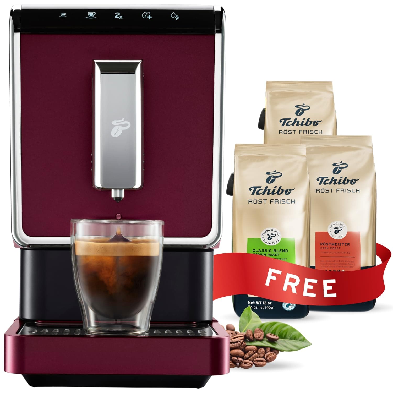 Tchibo Single Serve Coffee Maker Red - Automatic Espresso Coffee Machine - Built-in Grinder, No Coffee Pods Needed - Comes with 3x 11.9 Ounce Bags of Whole Beans, PARENT_CM_3WB_Röstfrisch