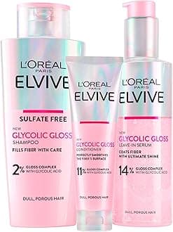 L'Oréal Paris Elvive Glycolic Gloss Conditioner 150ml + Shampoo 200ml + Leave-In Serum 150ml Set for Dull and Porous Hair Intense and Long-Lasting Shine - 3 Bottles