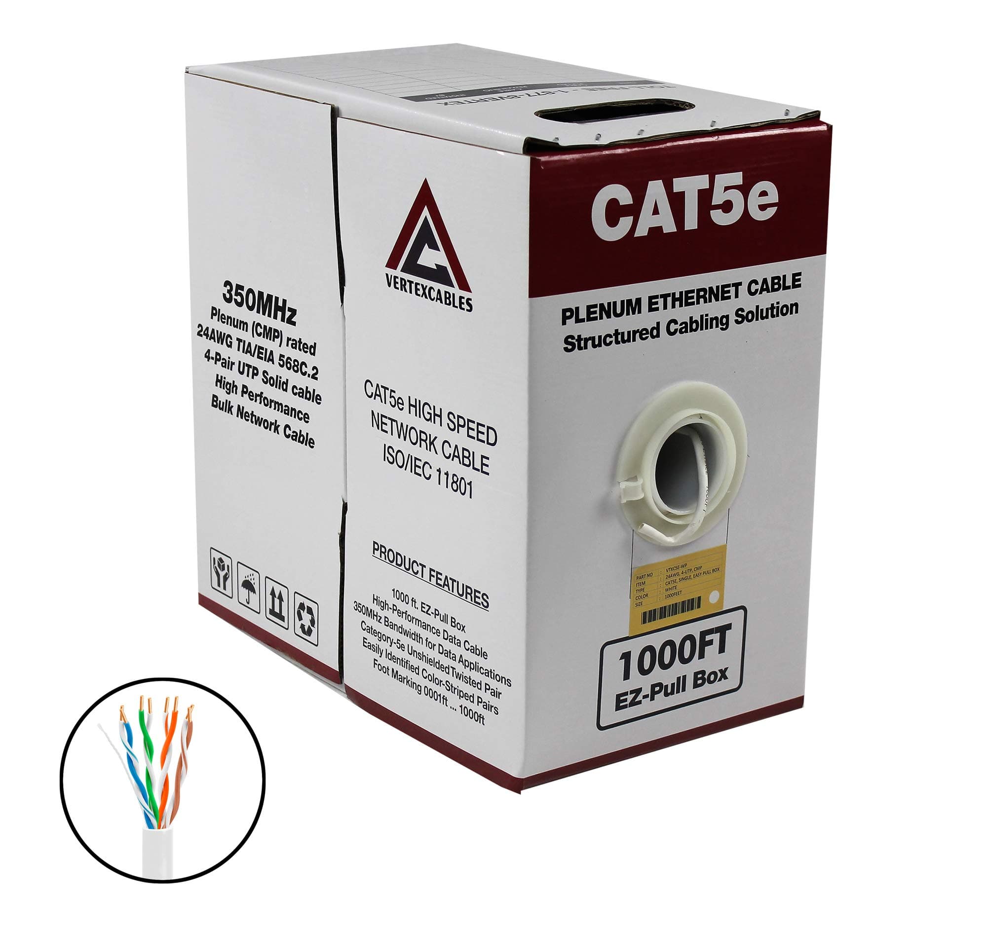 CAT5E Plenum 1000FT 350MHZ 24AWG White Solid Network UTP Cable