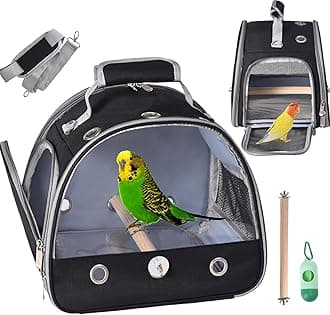 Bird Carrier with Stand & Tray, Small Bird Travel Cage for Parrot & Parakeet, Shoulder Strap - Black