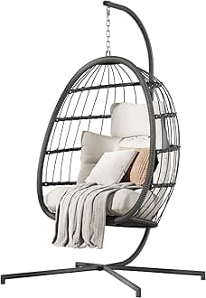HWB Hanging Egg Chair with Stand, Patio Wicker Egg Swing Chair with Cushion for Bedroom Garden Indoor Outdoor (Beige)