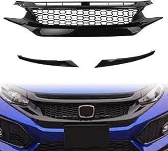 PartsFlow Front Bumper Grille Honeycomb Mesh Grill Glossy Black For 2016 2017 2018 2019 2020 2021 Honda Civic