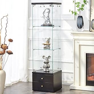 Modern Glass Display Cabinet 3-Shelf Curio Cabinets with 2 Storage Drawers,Tempered Glass Collection Display Showcase for Living Room Home Office,Black