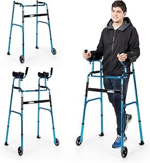Goplus Walkers for Seniors, Foldable Standard Walker with 5’’ Wheels and Removable Padded Armrests 440lbs, Lightweight Walking Mobility Aid, Folding Platform Walker for Elderly, Handicap, Disabled