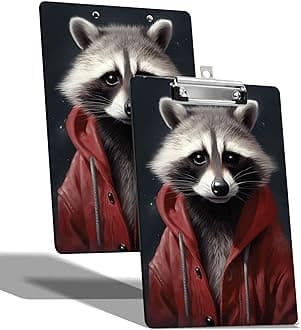 A4 Size Clipboard with Hanging Hook and Low Profile Clip, Plastic Nurse Clipboard Writing Drawing Board with Double-Side Funny Raccoon Print for Woman Kids Office School Use