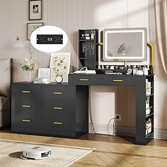 Hasuit Large Vanity Desk with Mirror and Lights,68.9'' Long Makeup Dressing Vanity Table with Charging Station, 8 Drawers, Vanity Mirror 3 Lighting Modes Adjustable, Black