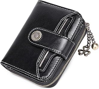 SENDEFN Women's Genuine Leather RFID Blocking Wallet Short Leather Coin Purse with 8 Card Slots 2 ID Window, Metal Pendant and 1 Zip Pocket, A03-Black, S, RFID Wallet