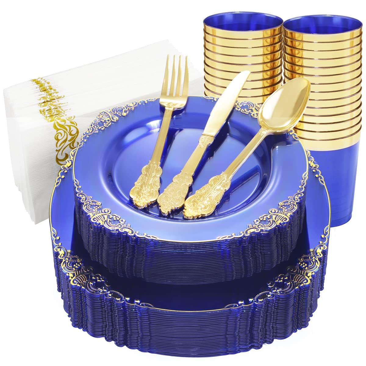 175PCS Clear Blue Plastic Plates - Plastic Dinnerware Set Include 25Dinner Plates, 25Dessert Plates, 25Cups, 25Forks, 25Knives, 25Spoons, 25Napkins Perfect for Wedding & Party
