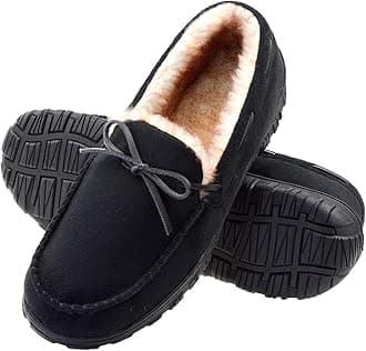 VLLyMens Moccasin Slippers with Memory Foam Arch Support, Non Slip Rubber Sole House Shoes for Men Machine Washable Warm Fleece Lined Indoor Outdoor Home Shoes