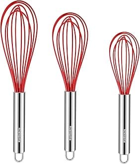 Whisk Commercial Stainless Steel wisk & Silicone Non-Stick Coated Small Whisk Set 8" 10" 12" Kitchen Wisk Wire Whisks for Cooking 3 Pack, Red